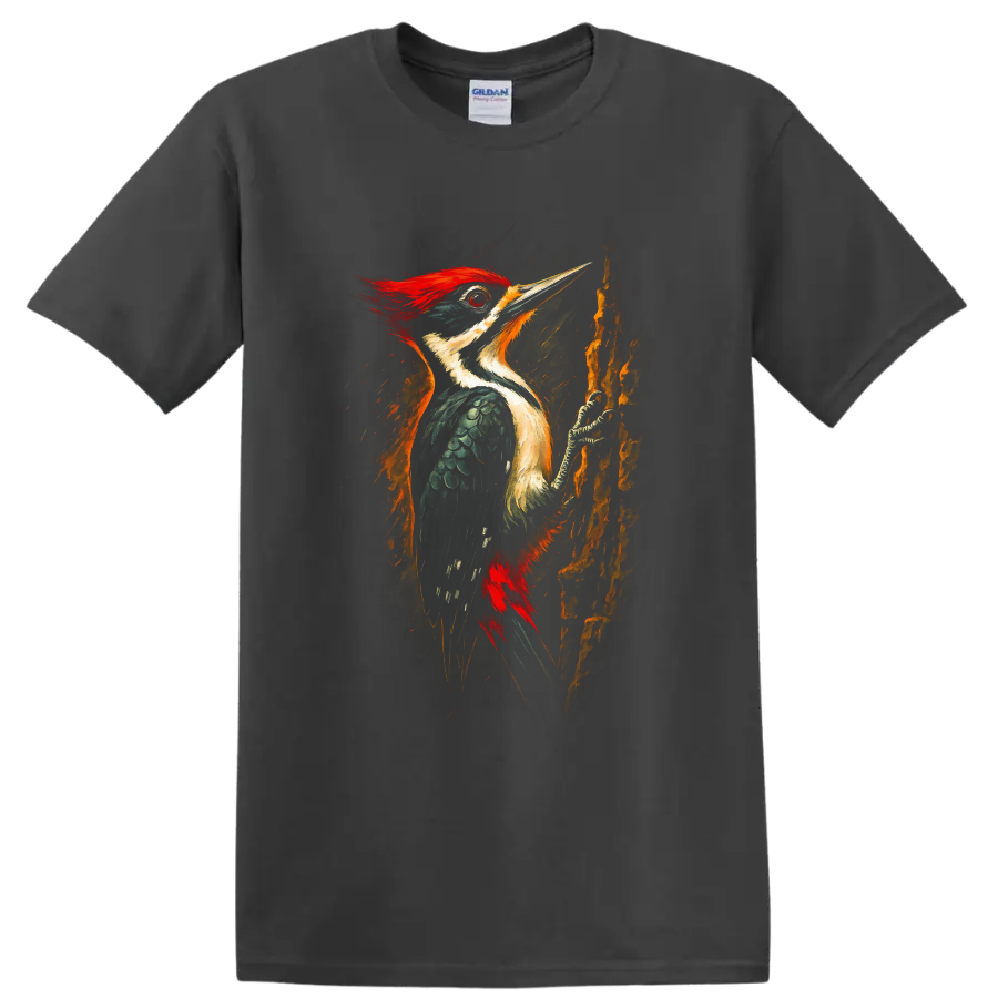 Vibrant painterly pileated woodpecker perched on textured tree bark on a Charcoal T Shirt