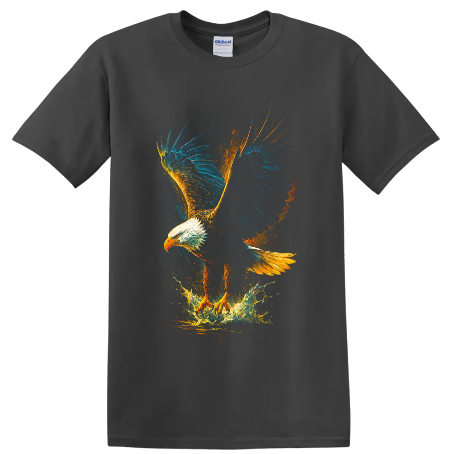 Soaring bald eagle wildlife art with blue wings, golden paint splashes, and water burst on a Charcoal T Shirt