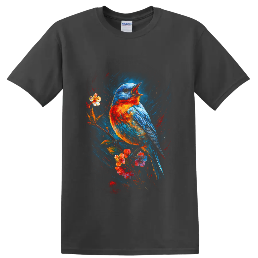 Eastern bluebird singing on a flowering branch in vivid painterly bird art on a Charcoal T Shirt