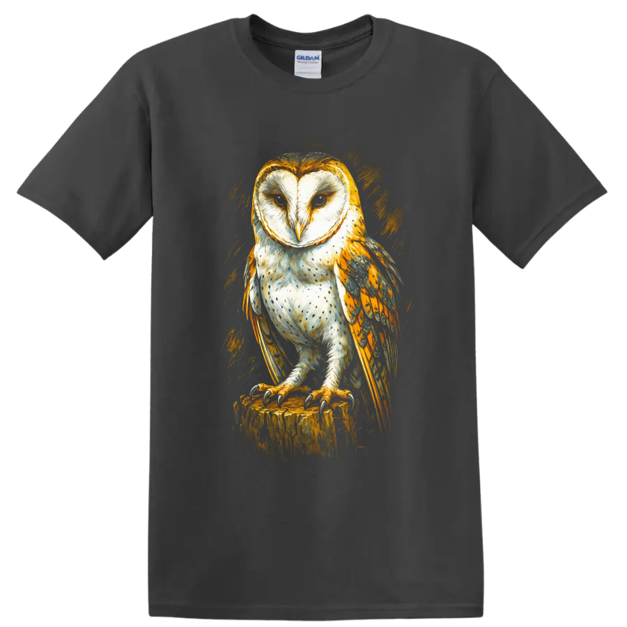 Realistic barn owl perched on a tree stump in dramatic golden painterly wildlife art on a Charcoal T Shirt