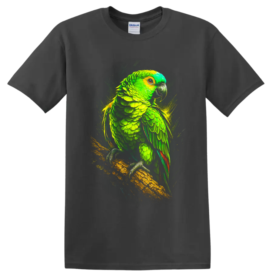 Dramatic neon-style Amazon parrot perched on a branch on a Charcoal T Shirt