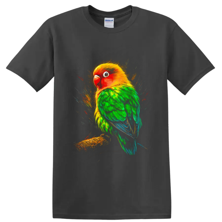 Vibrant sun conure parrot portrait on a branch with painterly tropical splashes on a Charcoal T Shirt