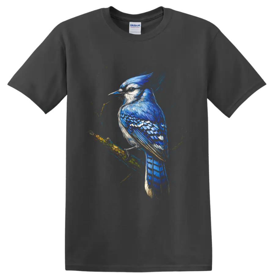 Painterly blue jay perched on a mossy branch with vivid blue feathers on a Charcoal T Shirt