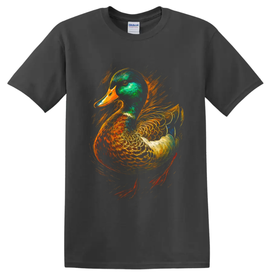 Realistic mallard drake portrait with vivid orange and gold painterly brushstrokes on a Charcoal T Shirt