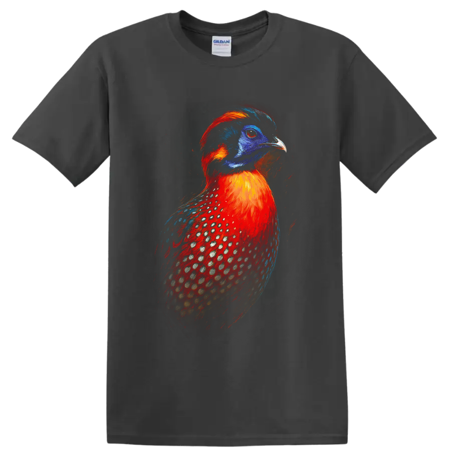 Vibrant painted Temminck's tragopan pheasant portrait with blue, red, and spotted plumage on a Charcoal T Shirt