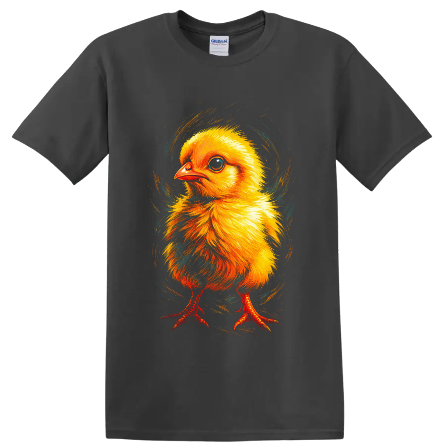 Colorful painted baby chick with yellow feathers and swirling teal brushwork on a Charcoal T Shirt