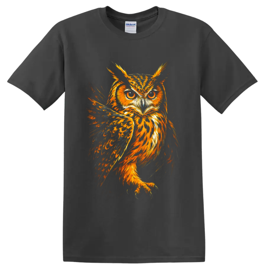 Fiery painterly Eurasian eagle-owl portrait with amber eyes and spread dark wings on a Charcoal T Shirt