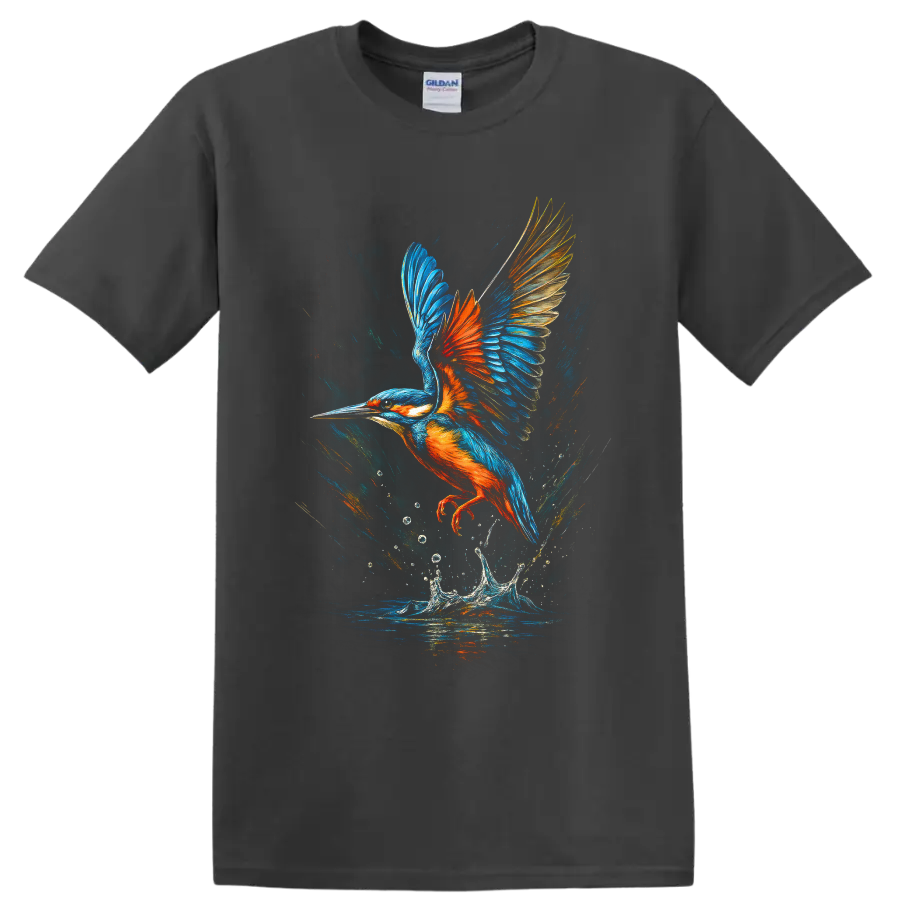 Colorful kingfisher in flight above a water splash in painterly wildlife art on a Charcoal T Shirt