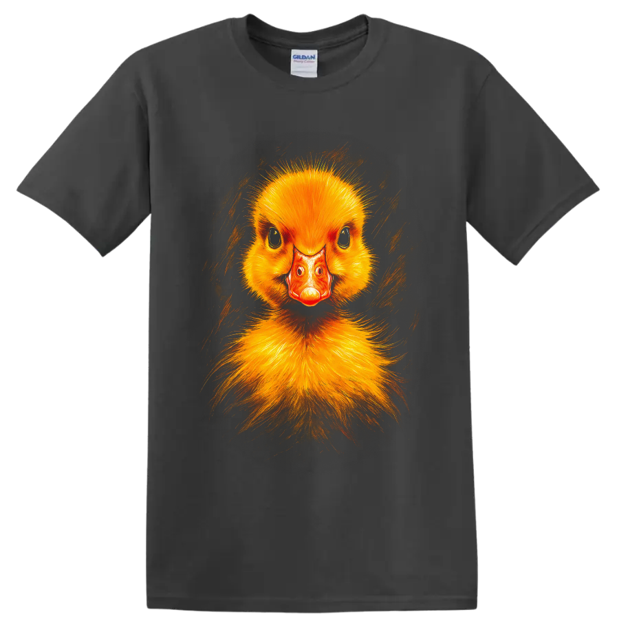 Modern realistic yellow duckling portrait with orange bill and painterly brush strokes on a Charcoal T Shirt