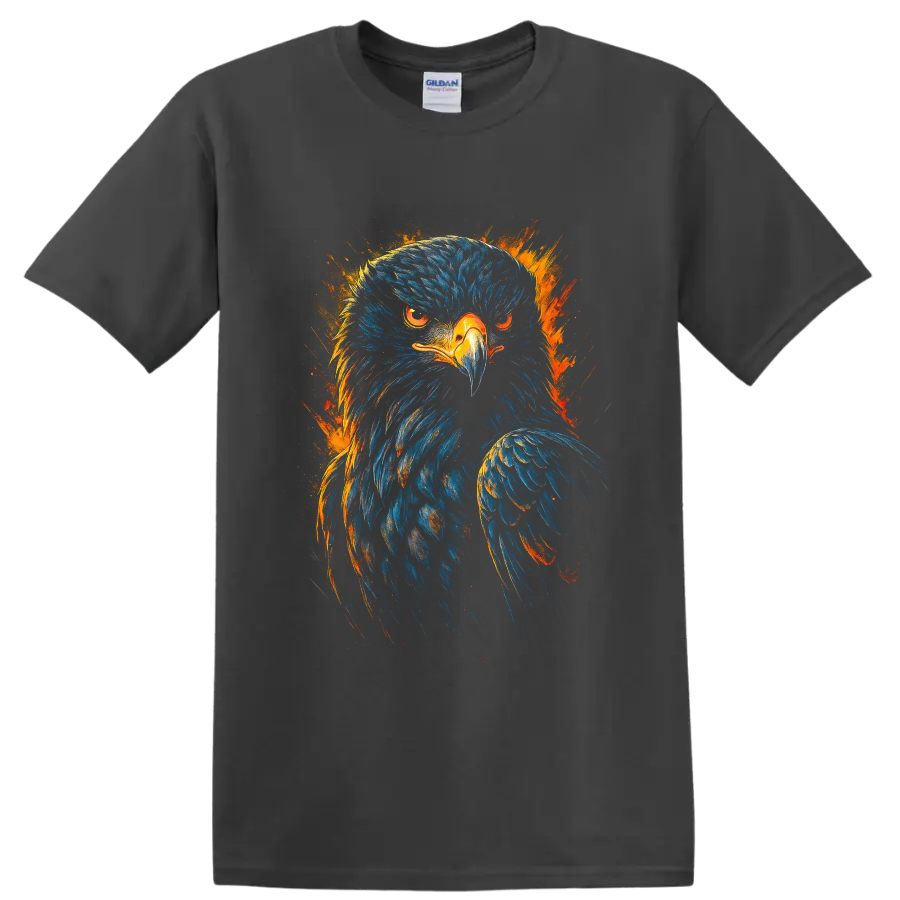 Fierce bald eagle portrait in blue and orange fiery paint-splash art on a Charcoal T Shirt