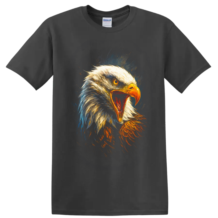 Roaring bald eagle portrait in vivid painterly gold, orange, blue, and dark tones on a Charcoal T Shirt
