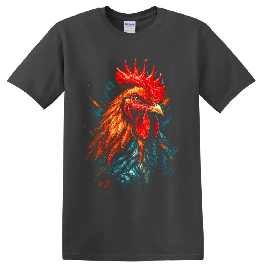 Realistic rooster portrait with red, orange, and blue paint-splash graphic art on a Charcoal T Shirt