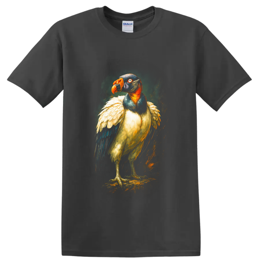 Painterly king vulture portrait with orange beak, colorful head, and layered feathers on a Charcoal T Shirt