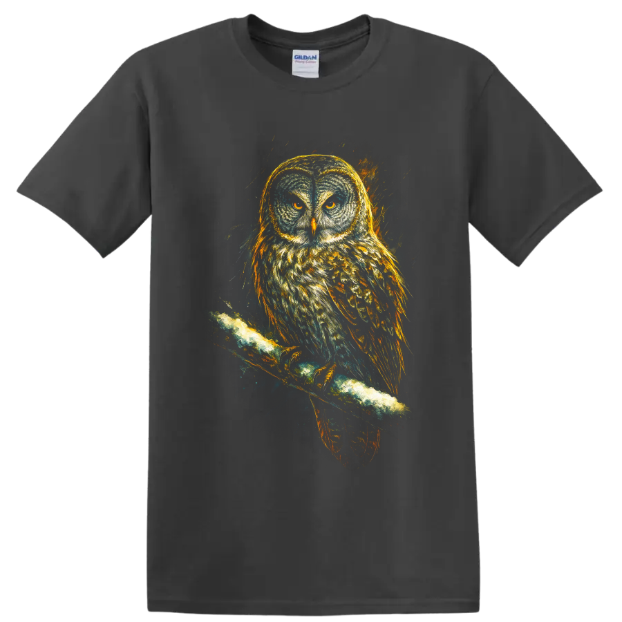 Realistic owl with amber eyes perched on a branch in dramatic nighttime wildlife art on a Charcoal T Shirt