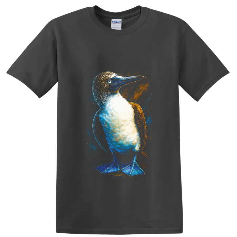 Blue-footed booby portrait in vivid blue and orange modern paint-splash style on a Charcoal T Shirt