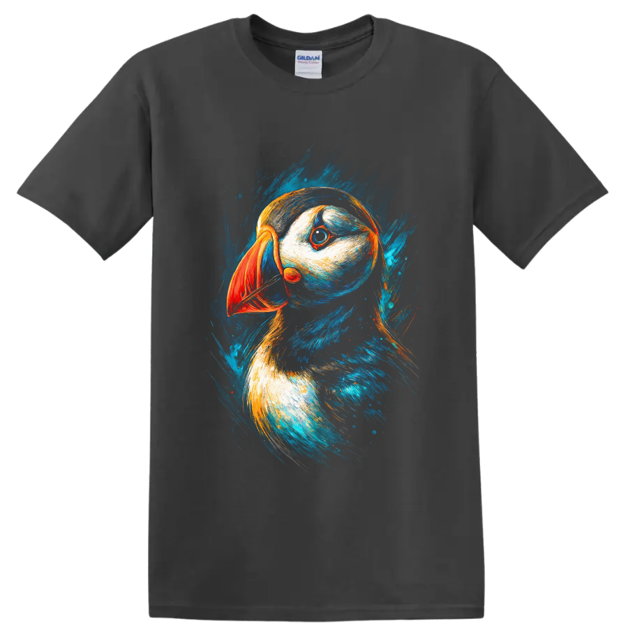 Modern puffin portrait with orange beak and vivid blue painterly brushstrokes on a Charcoal T Shirt