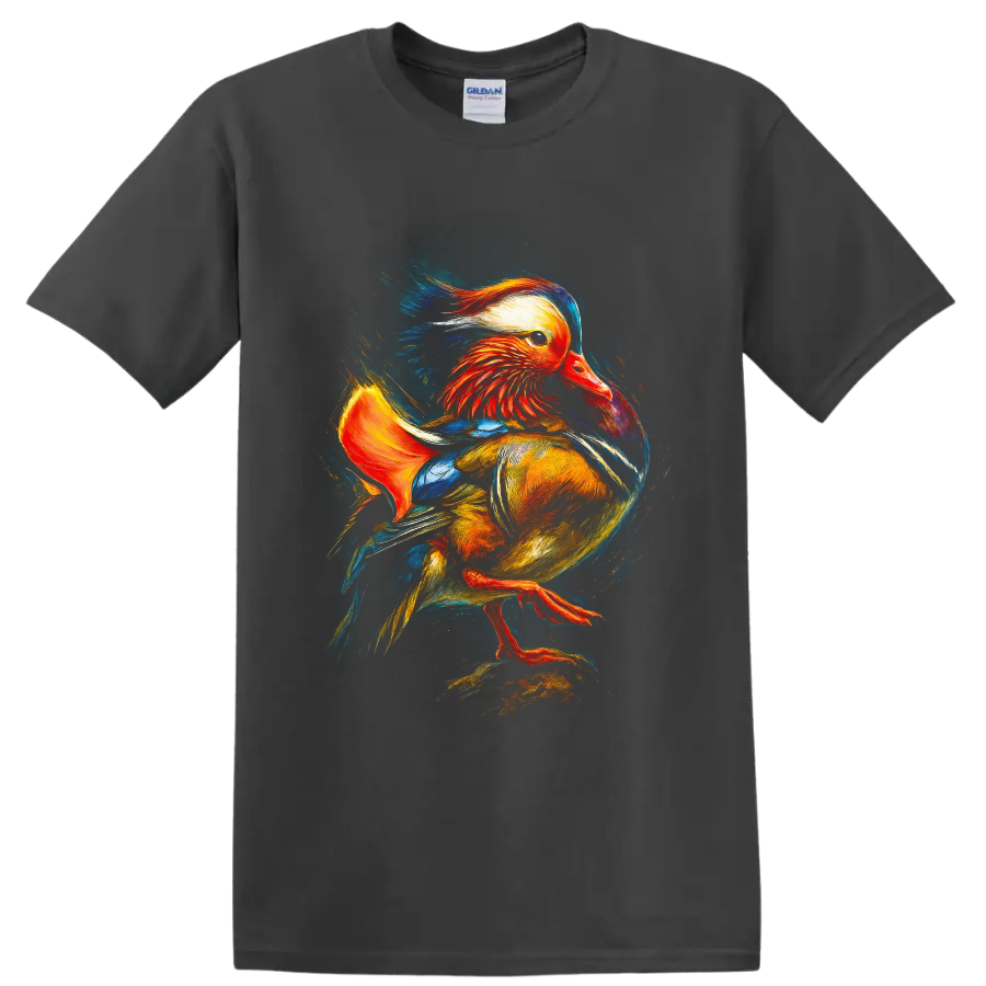 Colorful painterly Mandarin duck wildlife graphic with vivid sweeping feathers on a Charcoal T Shirt