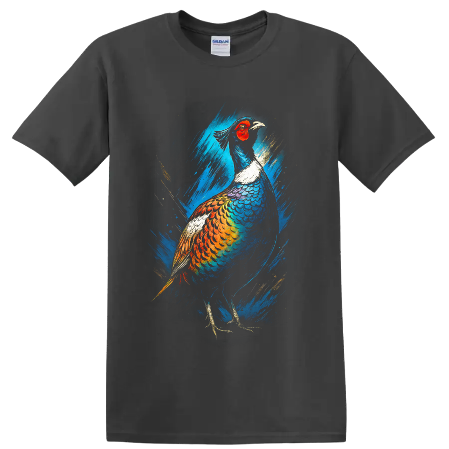 Colorful pheasant in modern blue and gold brushstroke wildlife art on a Charcoal T Shirt