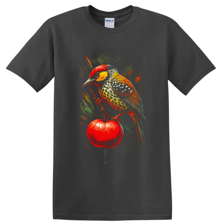 Coppersmith barbet perched on a red apple in vivid painterly wildlife art on a Charcoal T Shirt