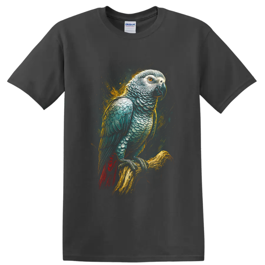 Modern realistic African grey parrot perched on a branch with golden paint splashes on a Charcoal T Shirt