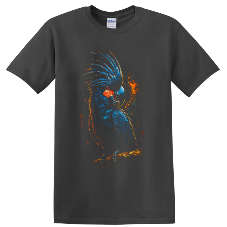 Blue Macaw parrot perched on a branch in dramatic blue and orange painterly wildlife art on a Charcoal T Shirt