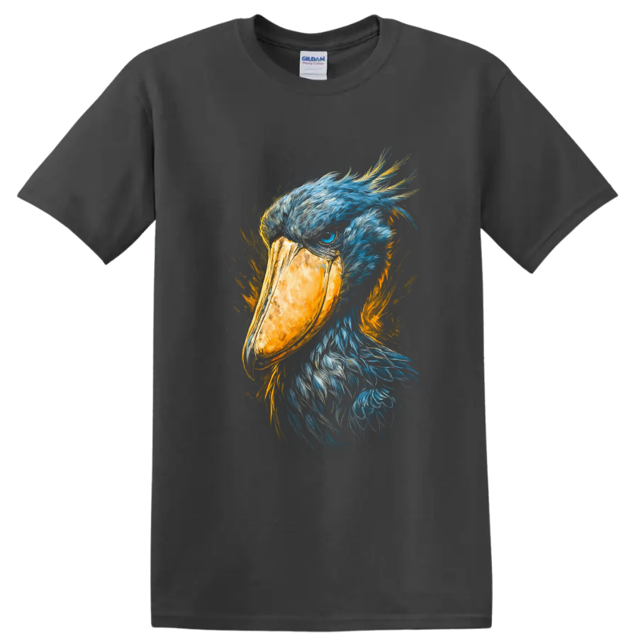 Shoebill stork portrait in blue feathers with a golden bill and painterly orange accents on a Charcoal T Shirt
