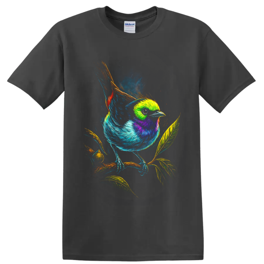Vibrant painted bunting illustration perched on a leafy branch in neon wildlife art on a Charcoal T Shirt