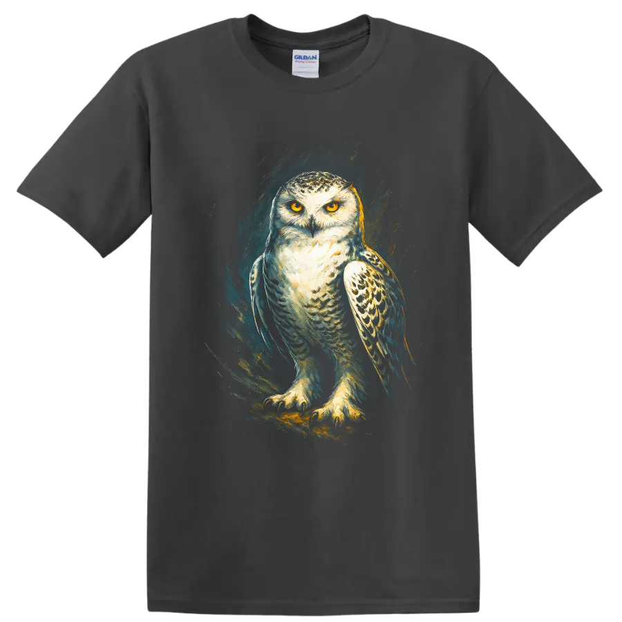 Snowy owl with golden eyes in dramatic teal and gold painterly wildlife art on a Charcoal T Shirt