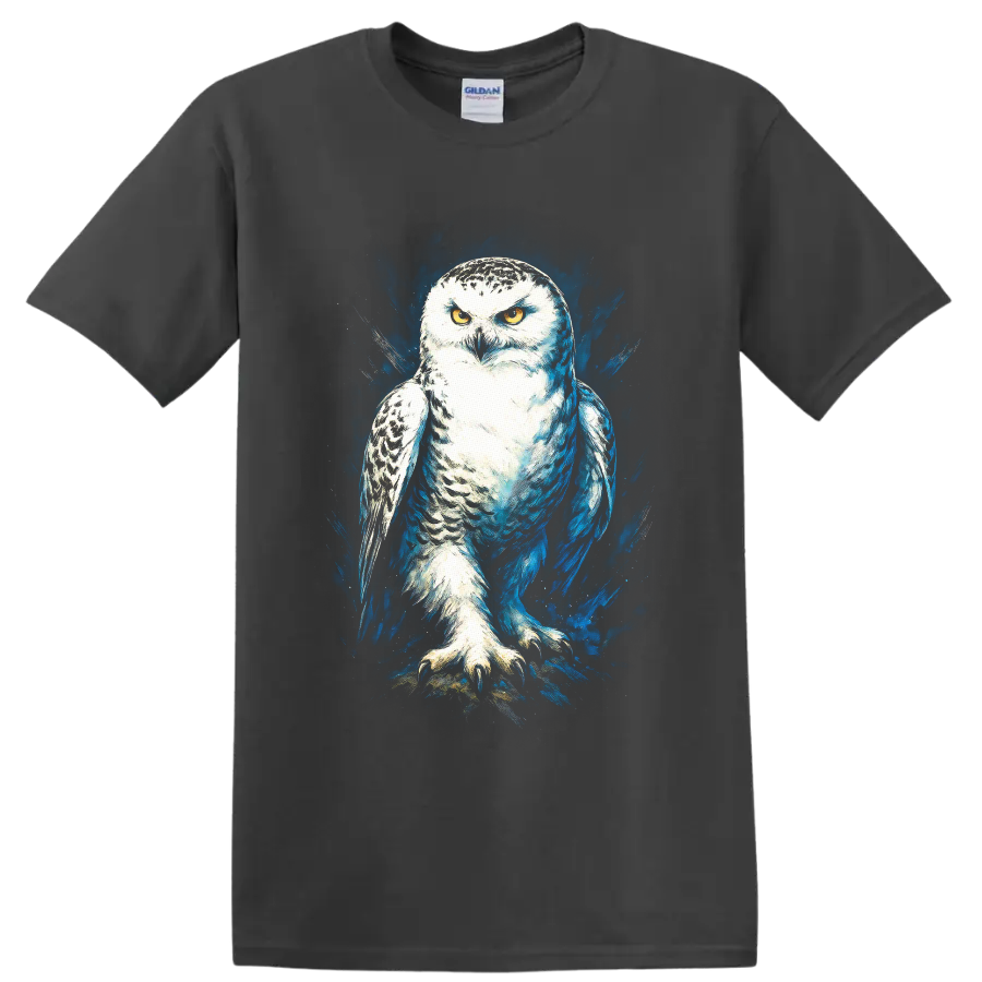 Snowy owl with golden eyes in dramatic blue paint splash wildlife art on a Charcoal T Shirt