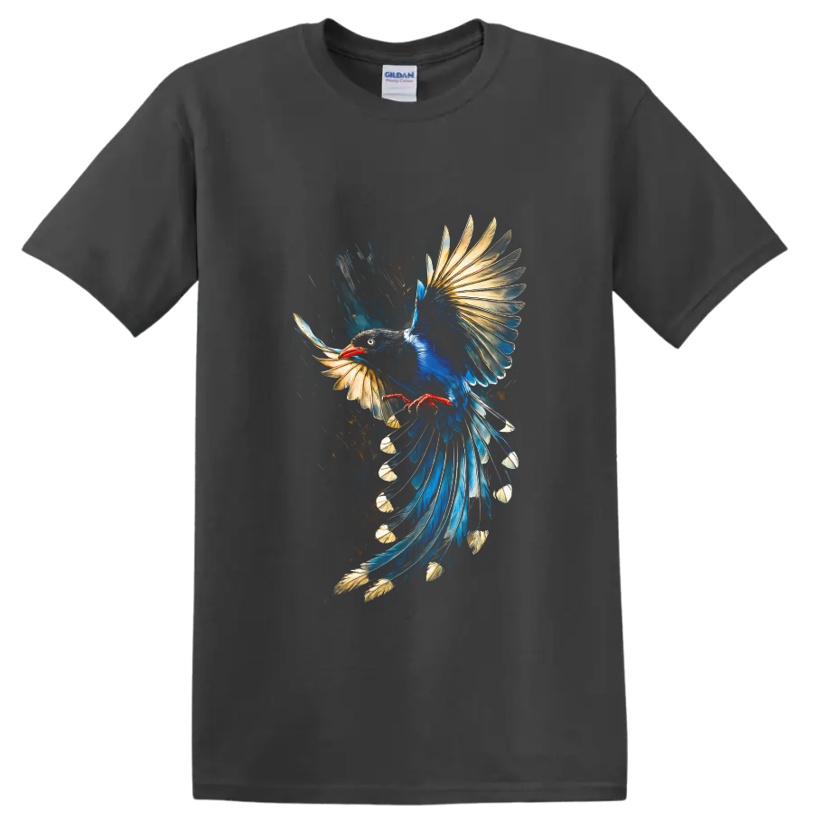 Blue magpie in flight with gold-tipped feathers and painterly brushstroke art on a Charcoal T Shirt
