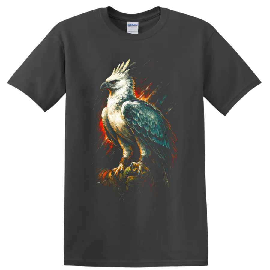 Harpy eagle on a gloved hand in dramatic fiery painterly wildlife art on a Charcoal T Shirt