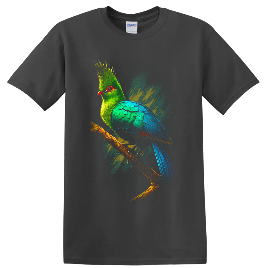 Great Blue Turaco in vibrant modern brushstroke bird art perched on a branch on a Charcoal T Shirt