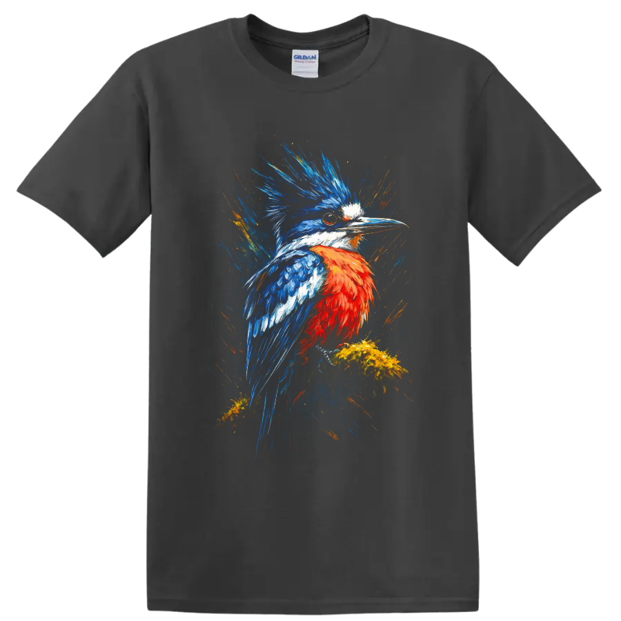 Crested Kingfisher in vivid blue and orange painterly wildlife art on a Charcoal T Shirt
