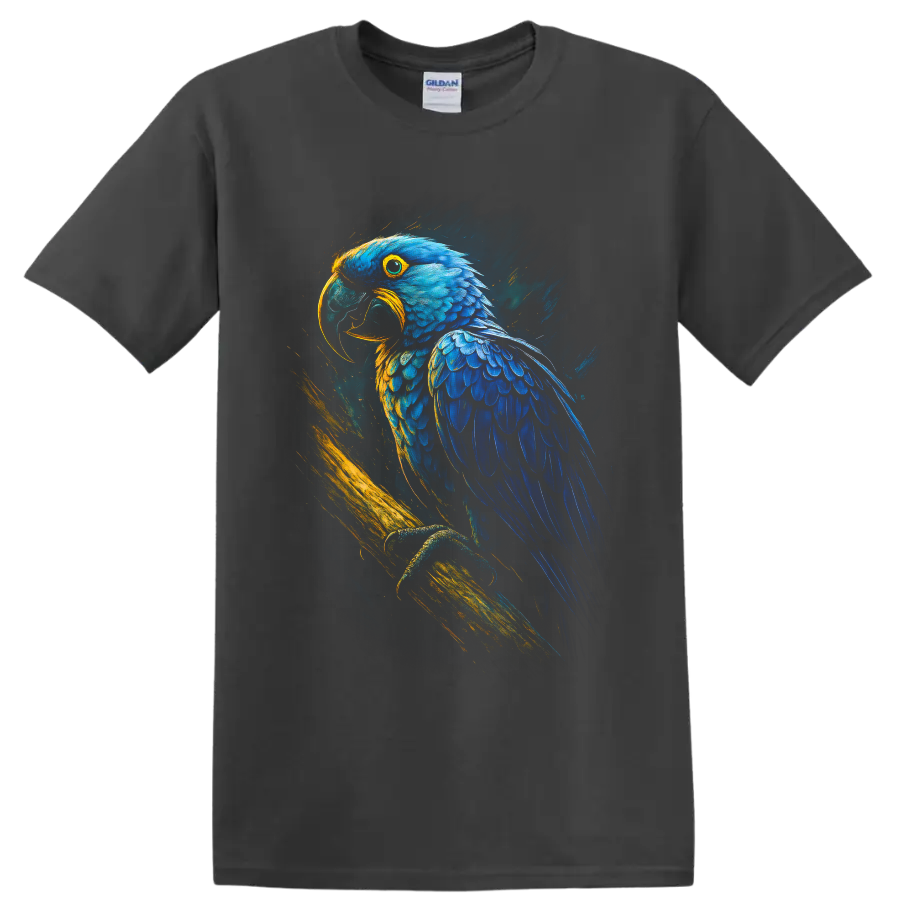 Blue macaw parrot portrait in vivid blue and gold painterly tropical art on a Charcoal T Shirt