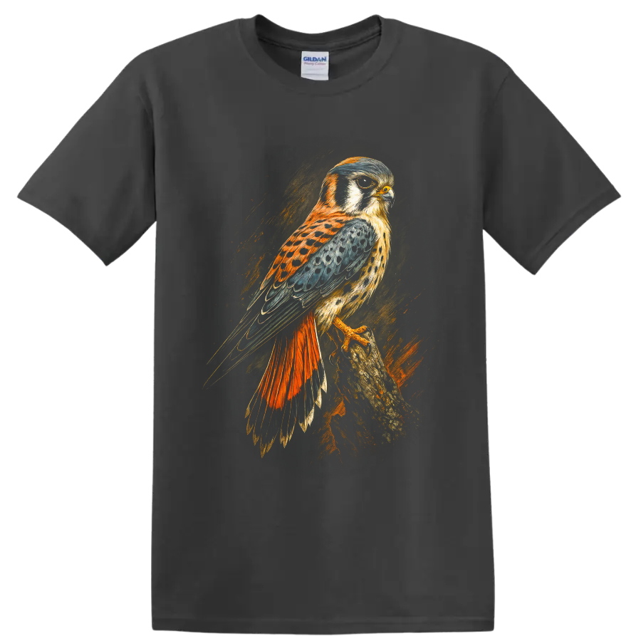 American kestrel falcon perched on a branch in dramatic textured wildlife art on a Charcoal T Shirt