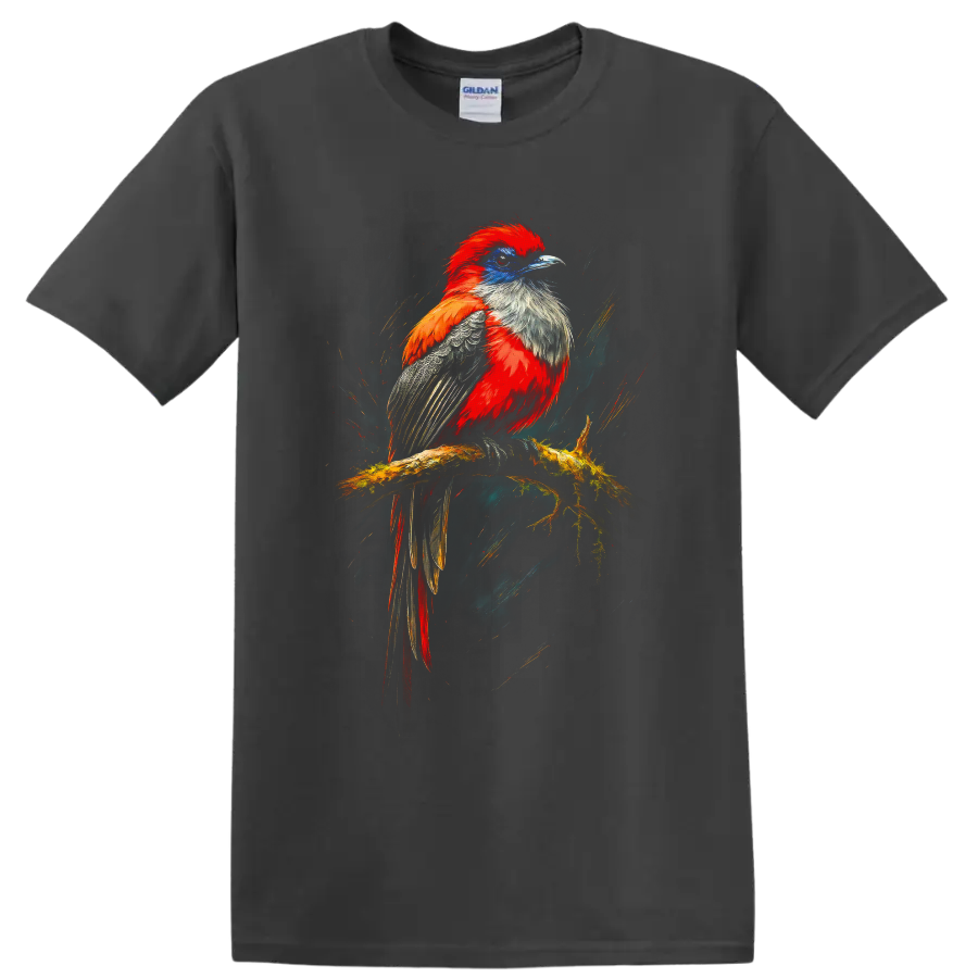 Vibrant trogon perched on a mossy branch in expressive painted wildlife art on a Charcoal T Shirt