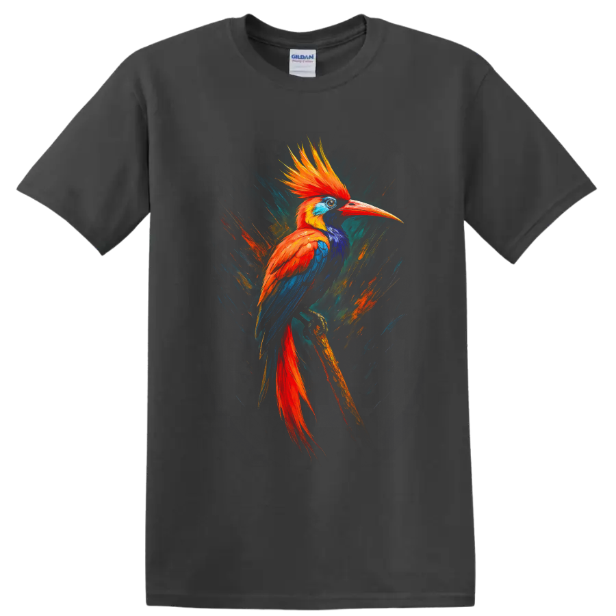 Vibrant painterly hornbill bird with orange crest and blue wings on a branch on a Charcoal T Shirt