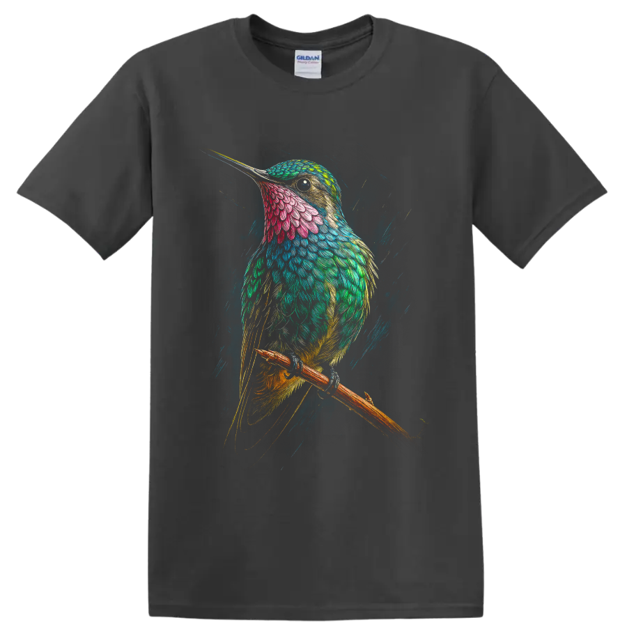 Colorful hummingbird perched on a branch in modern detailed feather art on a Charcoal T Shirt