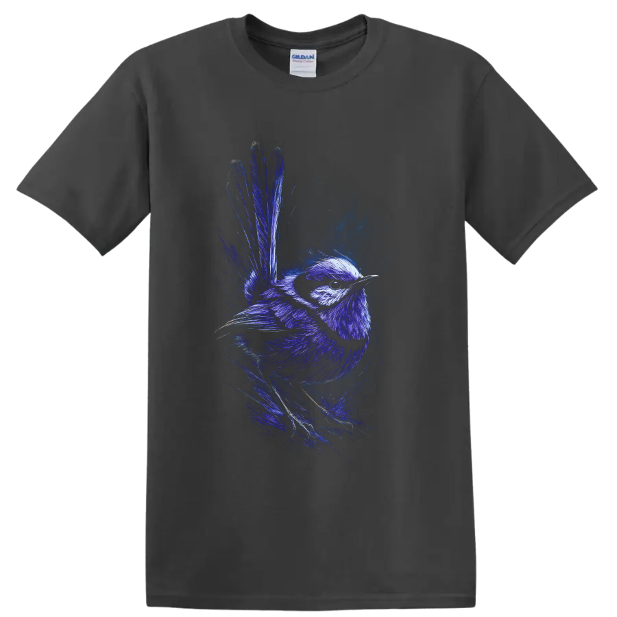Superb fairywren in vivid blue dynamic wildlife sketch art with raised tail on a Charcoal T Shirt