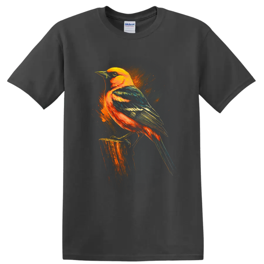Baltimore oriole perched on a stump in vivid orange, teal, and blue painterly art on a Charcoal T Shirt