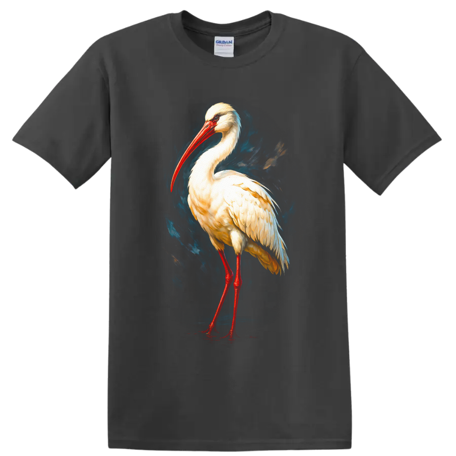 Modern painted white stork portrait with red bill and legs on blue brushstroke art on a Charcoal T Shirt