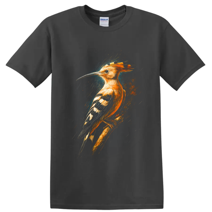 Dramatic painterly hoopoe bird with orange crest, curved bill, and patterned wings on a Charcoal T Shirt