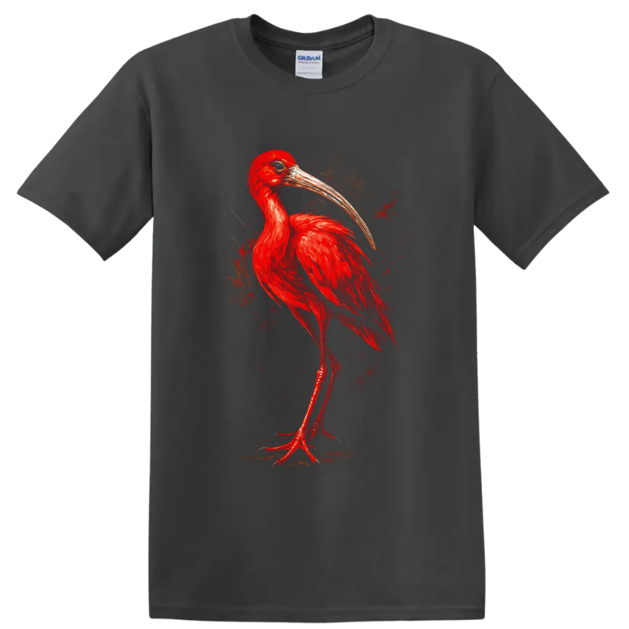 Painterly scarlet ibis portrait with vivid red feathers and a long curved bill on a Charcoal T Shirt