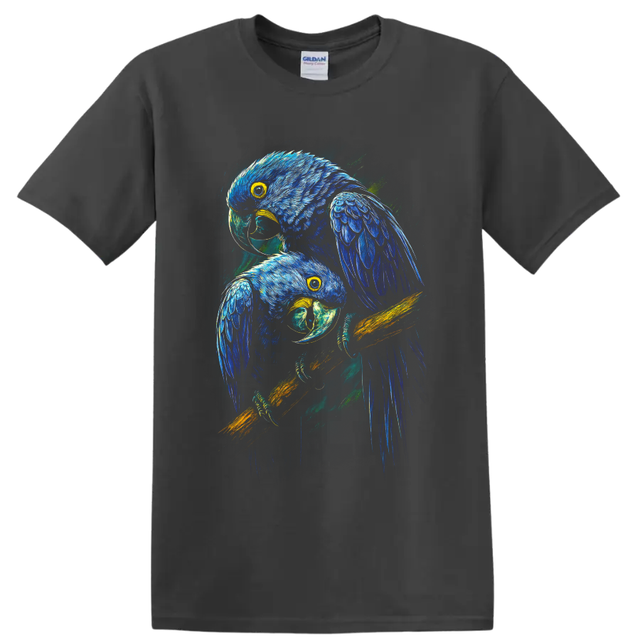 Two blue macaw parrots in vivid modern tropical wildlife illustration on a Charcoal T Shirt