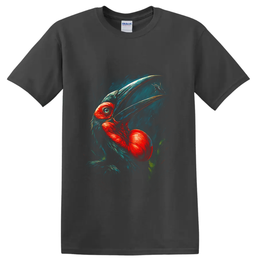 Painterly hornbill portrait with sweeping bill, red-orange feathers, teal plumage, and on a Charcoal T Shirt