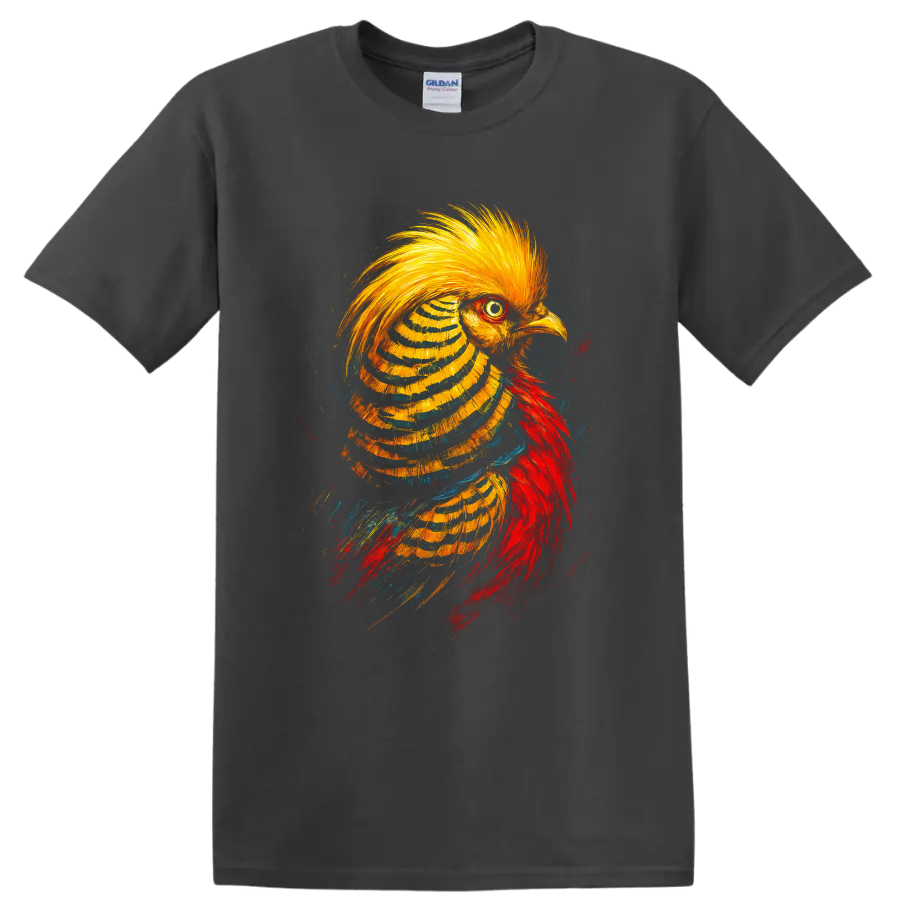 Vibrant painterly golden pheasant portrait with golden crest and red plumage on a Charcoal T Shirt