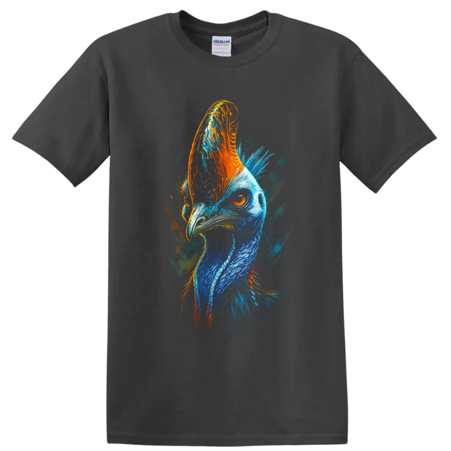 Vibrant blue and orange cassowary portrait in expressive painterly wildlife art on a Charcoal T Shirt
