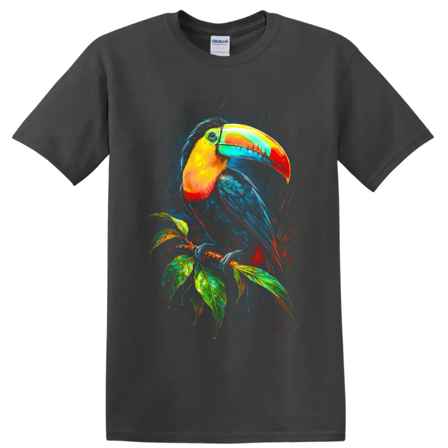 Colorful modern toucan illustration perched on a leafy tropical branch in rain on a Charcoal T Shirt