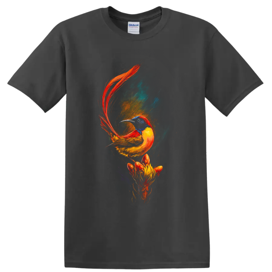 Vibrant painterly sunbird with red tail feathers perched above a dramatic flower on a Charcoal T Shirt