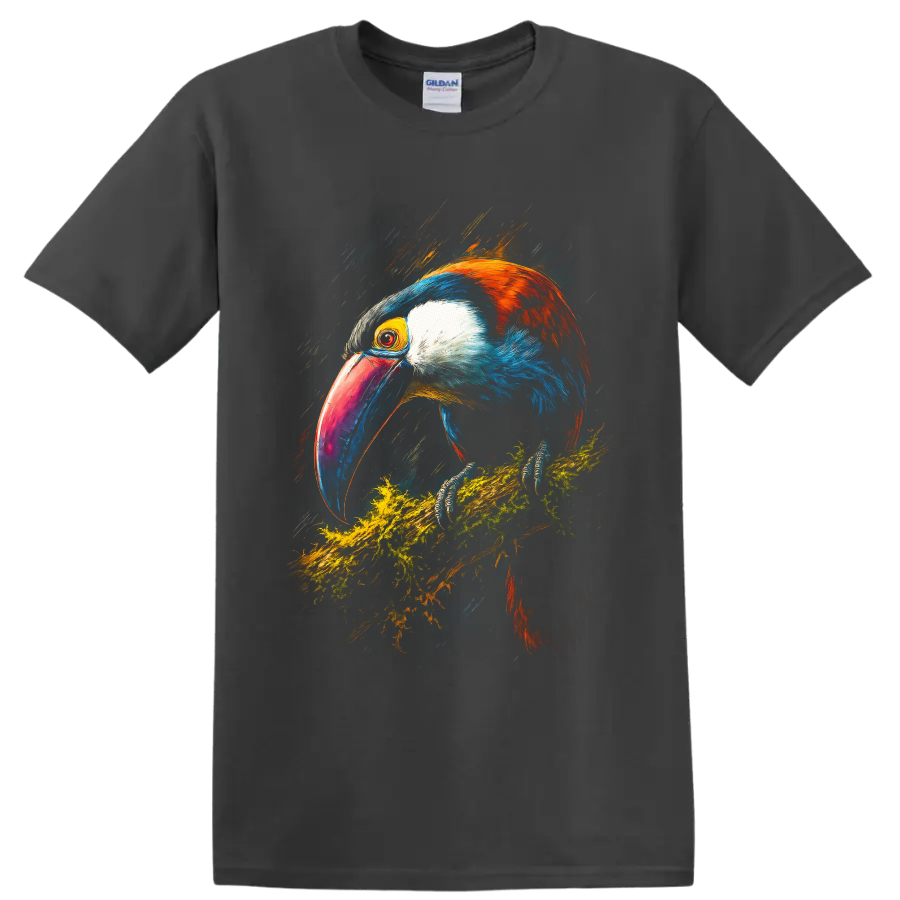 Vibrant painterly toucan perched on a mossy branch with a colorful oversized bill on a Charcoal T Shirt